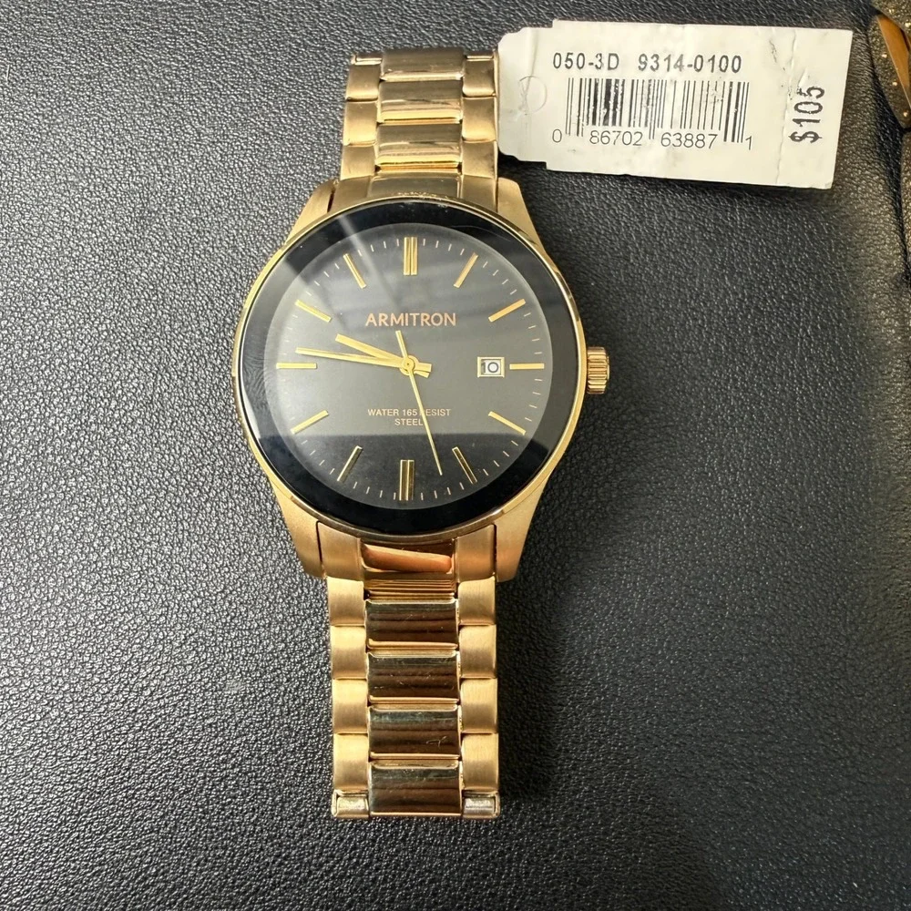 MSRP $105 Armitron 20/5374GP Men's Gold Tone Watch w/ Bracelet Set New Battery